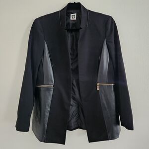 Anne Klein Black Blazer Faux Leather Contemporary Design Block Zipper Pockets XS